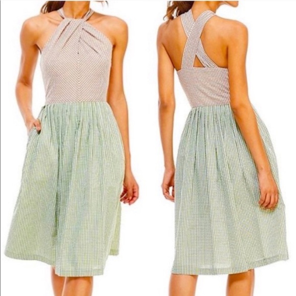 Gal Meets Glam Alma Fit & Flare Halter Dress Gingham Brown and Green Size 8